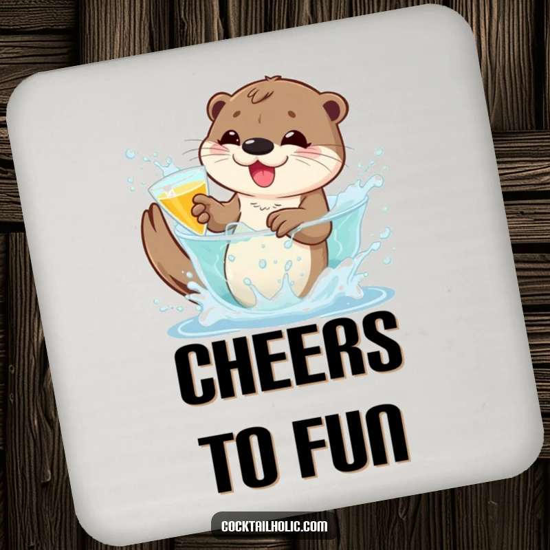 Funny otter drink coasters with a playful character splashing in a bubbly cocktail, protecting surfaces with bubbly humor.