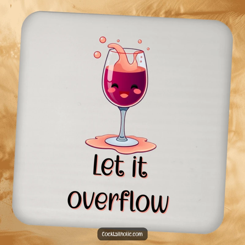 Funny happy wine glass character with bubbly overflow, spilling its contents with glee on a drink coaster, perfect for parties.