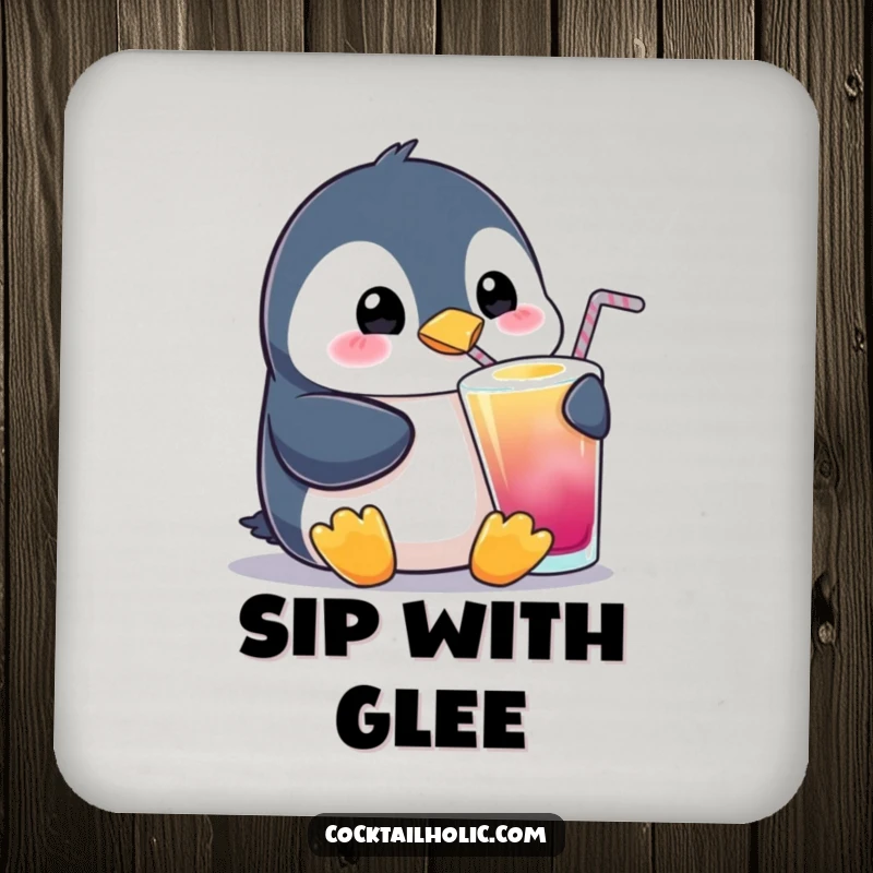 Funny Penguin Sipping Drink Coasters: A set of coasters featuring a cute penguin happily sipping a drink, adding humorous protection and charm to surfaces.