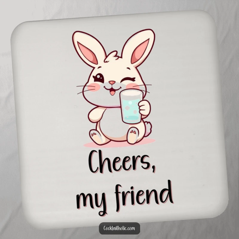 Funny rabbit drink coasters with a cheerful character winking and holding a frosted glass, protecting surfaces with playful charm.