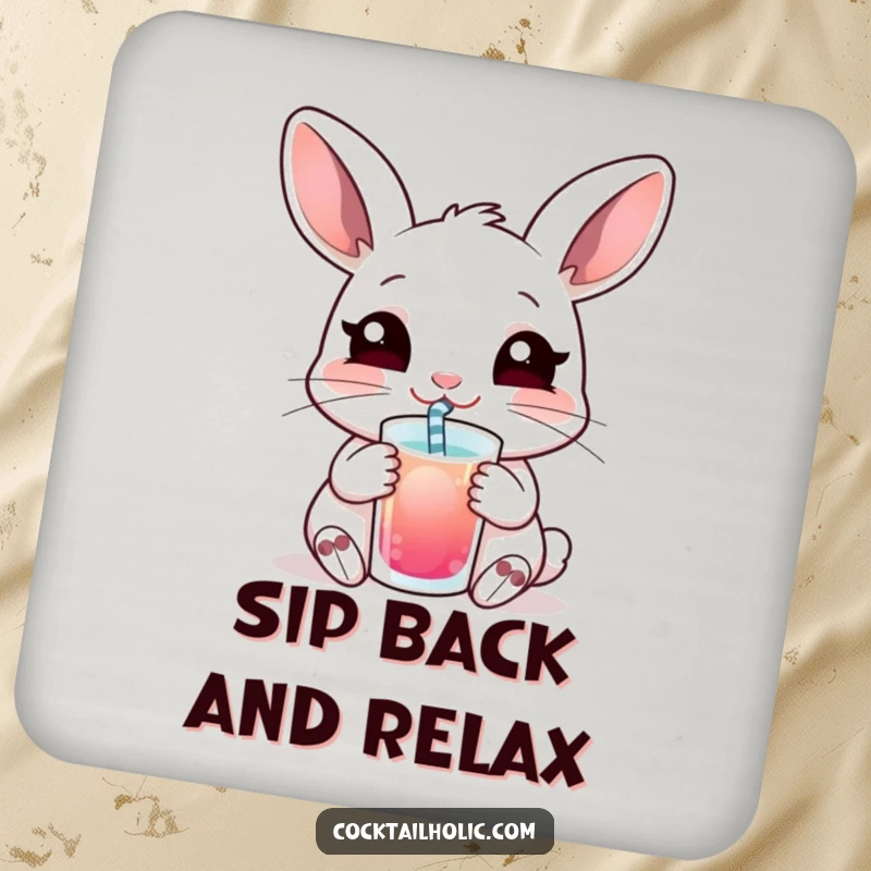 Funny drink coaster featuring a content rabbit sipping a drink with a straw, protecting surfaces with peaceful humor.