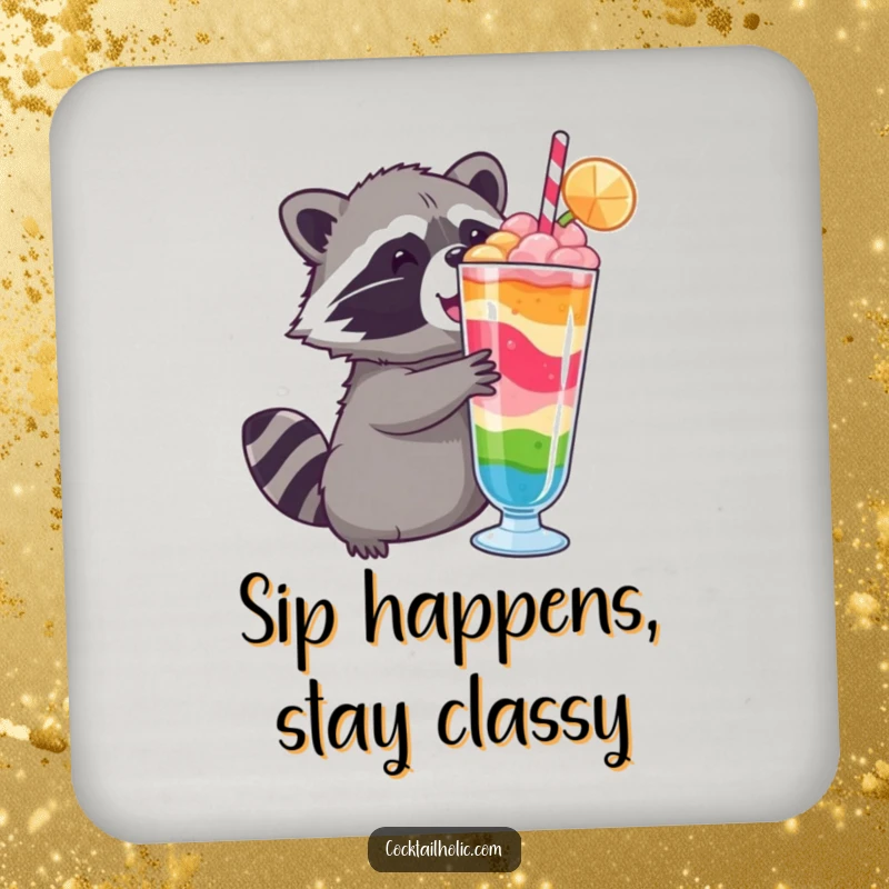 Funny raccoon drink coaster, showing a raccoon wanting a colorful drink, protecting surfaces with humor.