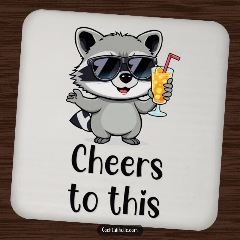 Funny raccoon wearing sunglasses, holding a cocktail with a smirk, on a drink coaster, protecting surfaces.