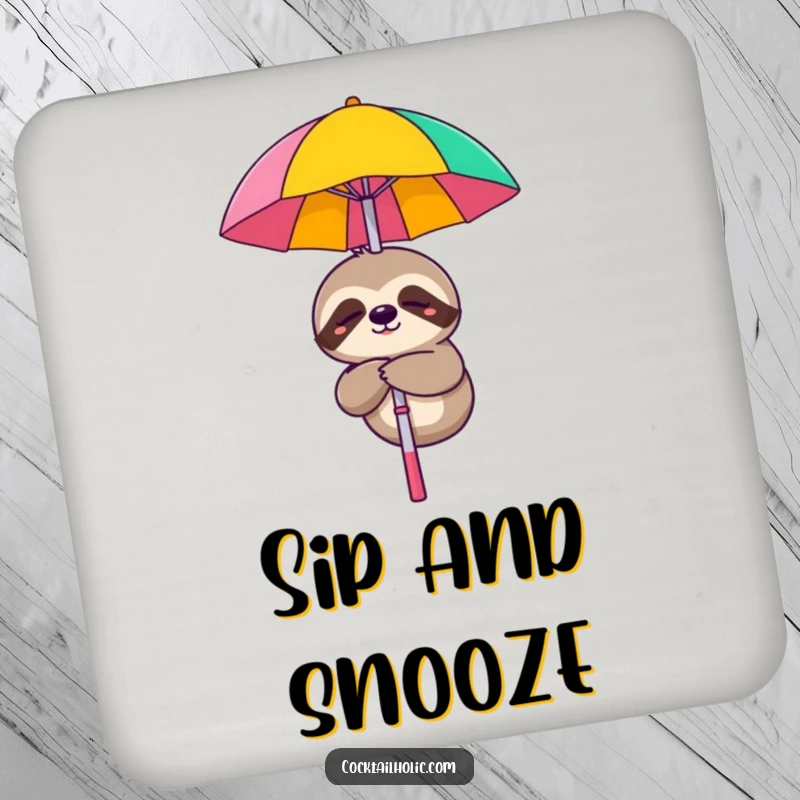 Funny drink coaster featuring a sleepy sloth smiling while dangling from a cocktail umbrella, adding relaxed humor.