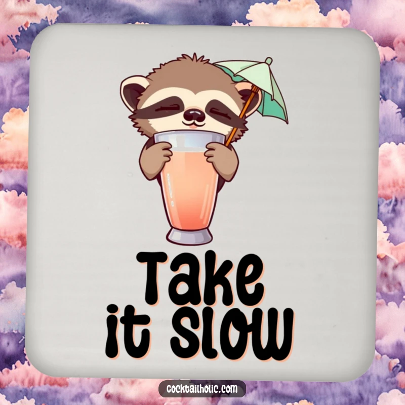 Funny drink coaster showcasing a sleepy sloth peeking from behind a cocktail shaker, holding a tiny umbrella, with relaxed charm.
