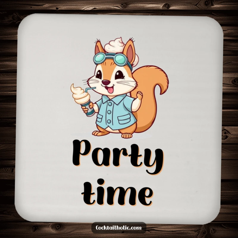 Funny bouncy squirrel dressed as a mixologist, spraying whipped cream from a can, on a drink coaster.
