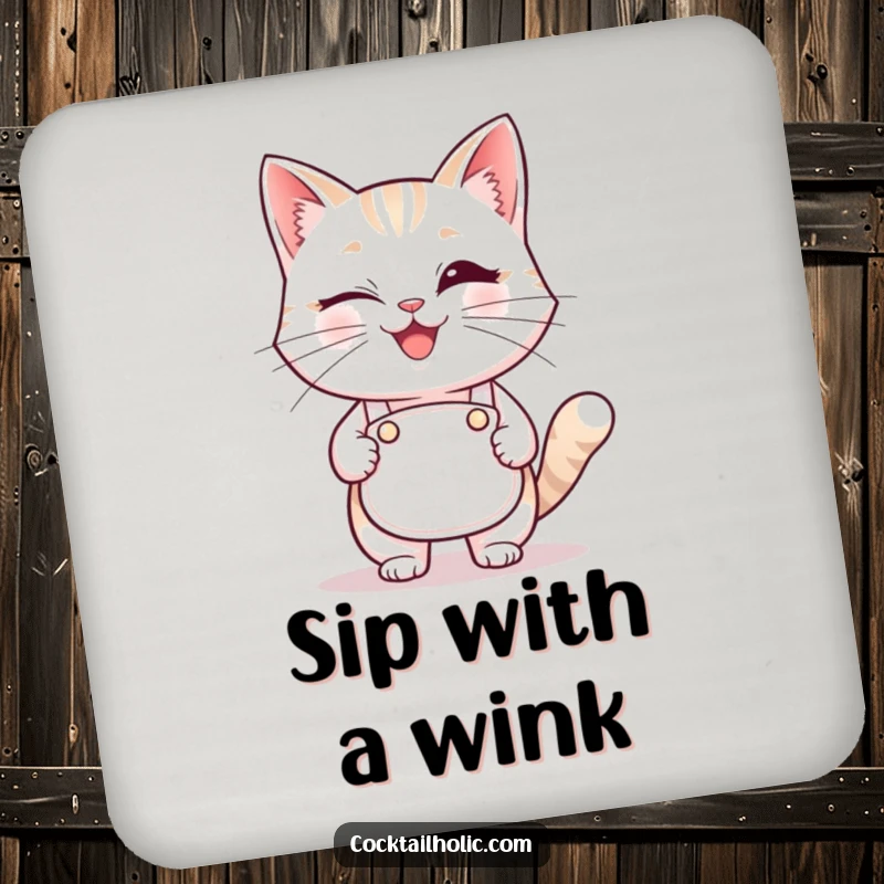 Funny winking cat bartender coasters, a humorous and practical set for protecting furniture from drink rings.
