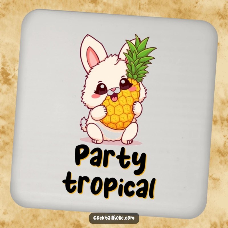 Funny Drink Coaster showcasing a fluffy bunny with big excited eyes, holding a twirling pineapple, adding tropical humor.
