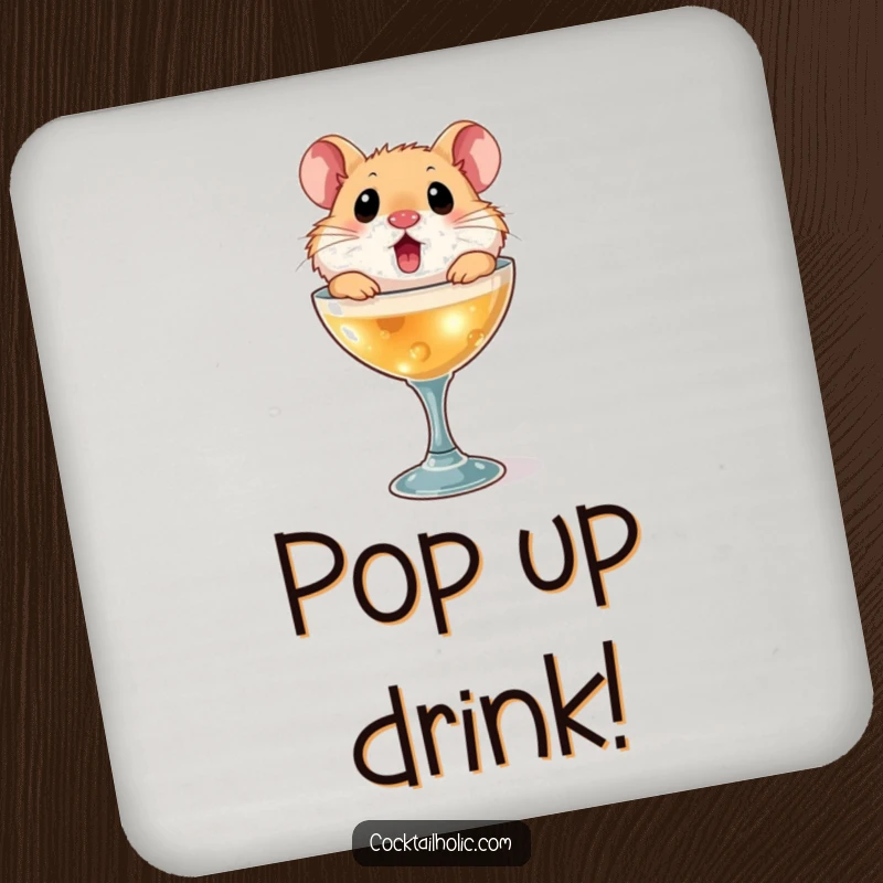 Funny hamster drink coaster, featuring a surprised hamster popping out of a cocktail glass, adding humor to your table.