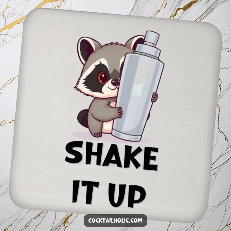 Funny drink coaster featuring a mischievous raccoon peeking from a cocktail shaker, protecting surfaces with playful humor.