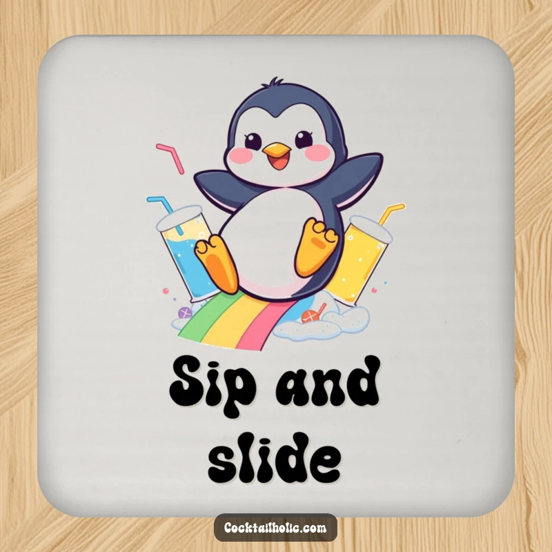 Funny drink coaster with a cheerful penguin sliding down a rainbow of bubbly drinks, adding humor to beverage service.