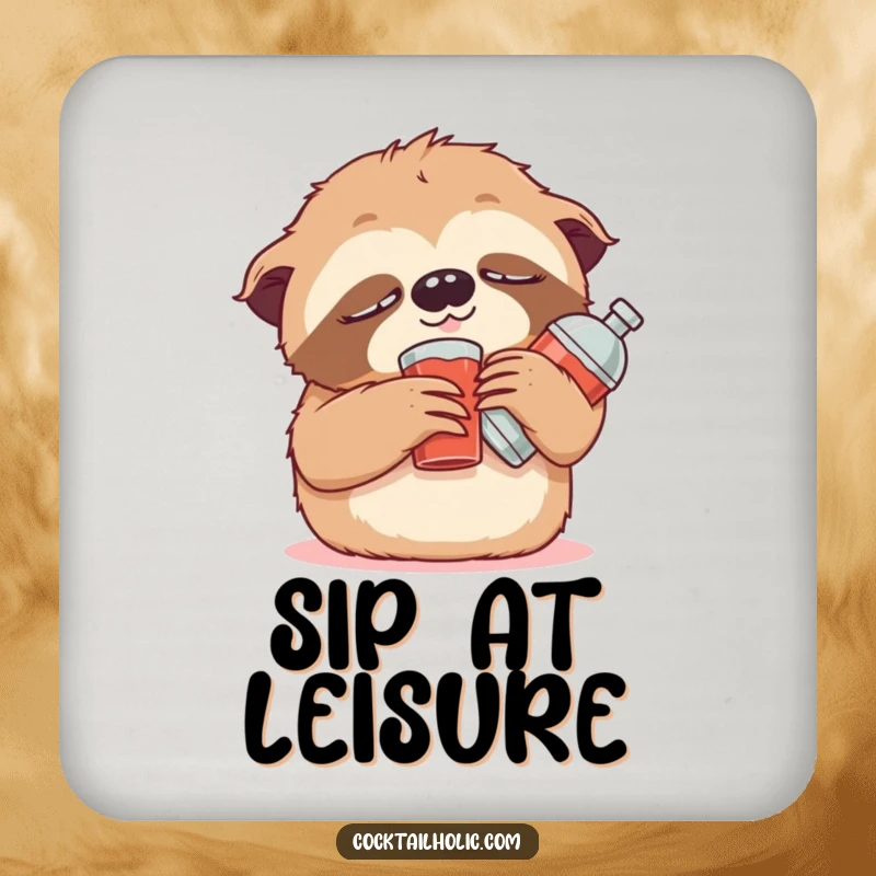 Funny Drink Coaster showcasing a cute, drowsy sloth character propped up with a small stuffed cocktail shaker, protecting your furniture with ease.