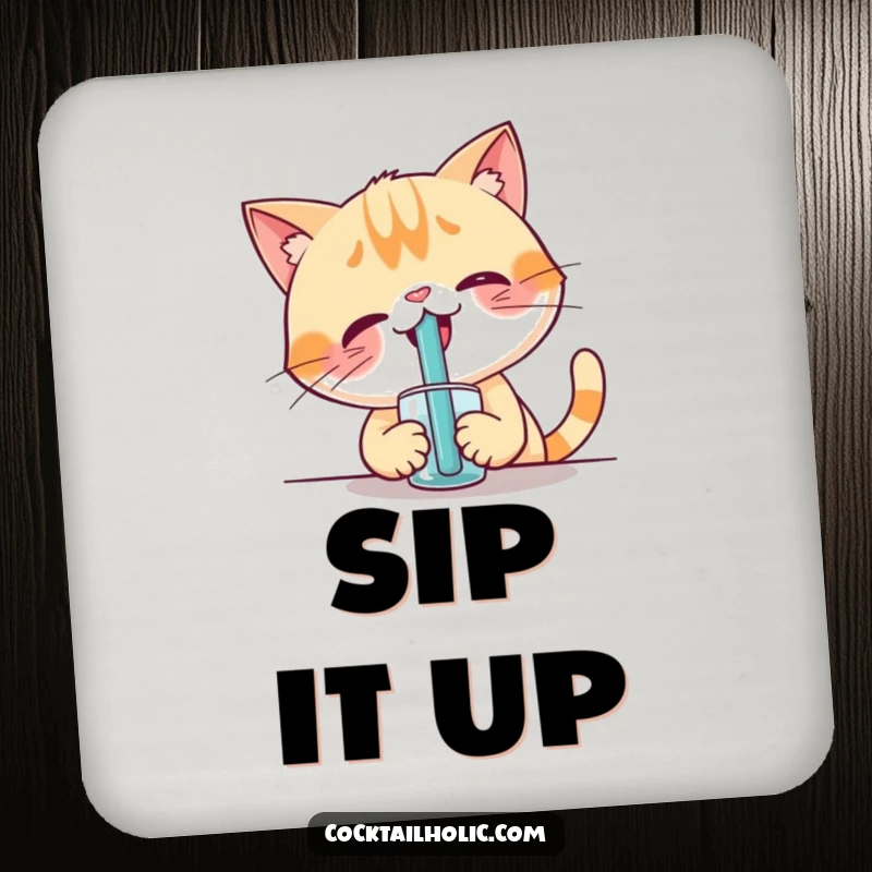 Funny drink coaster with a giggling cat character attempting to sip from an oversized straw, protecting surfaces humorously.