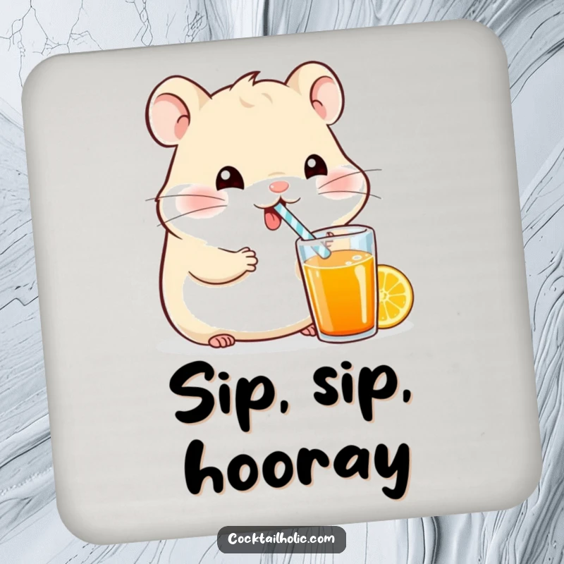 Funny hamster character with a tiny straw enjoying a colorful beverage, depicted on a protective drink coaster.