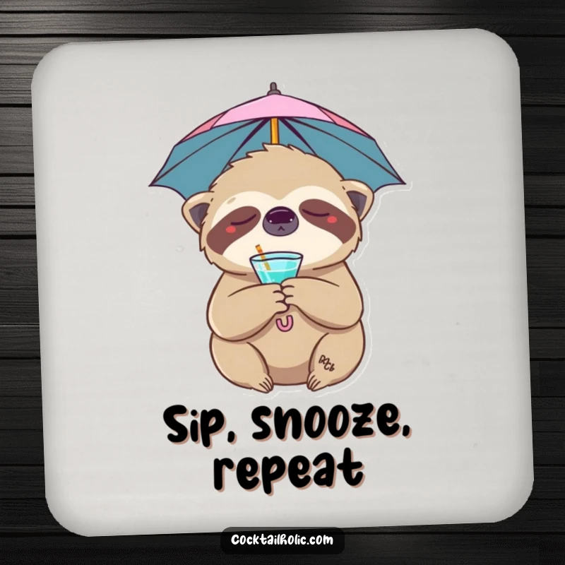 Funny sloth drink coasters showcasing a sleepy character with a cocktail umbrella, protecting surfaces with humorous charm.