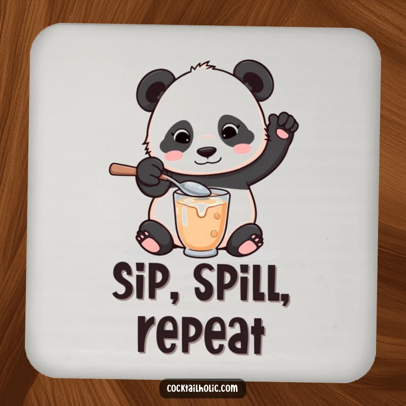 Funny drink coaster showcasing a playful panda bear with an oversized spoon, comically mixing a drink and spilling a little.