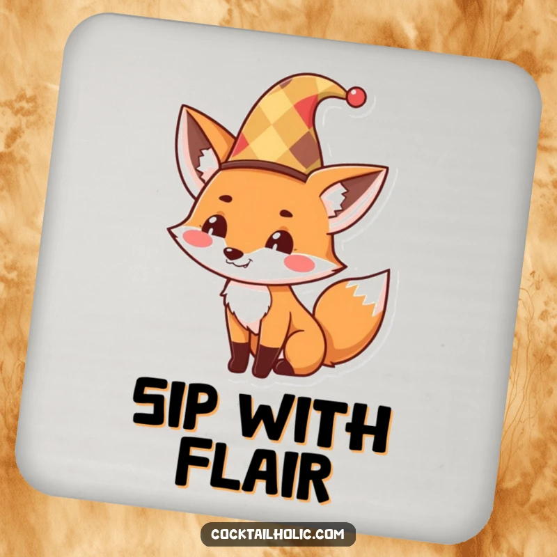 Funny Drink Coaster showcasing a cute fox wearing a jester hat and tipping it with a mischievous grin, adding playful humor.