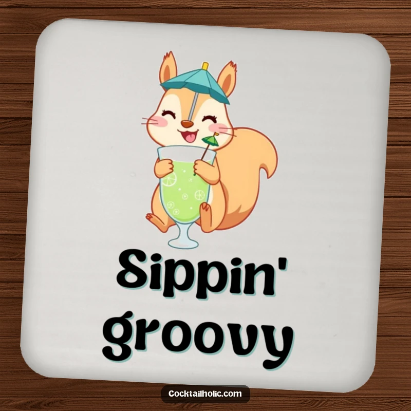 Funny drink coaster featuring a happy squirrel jumping with a cocktail umbrella drink, protecting surfaces with cheerful flair.