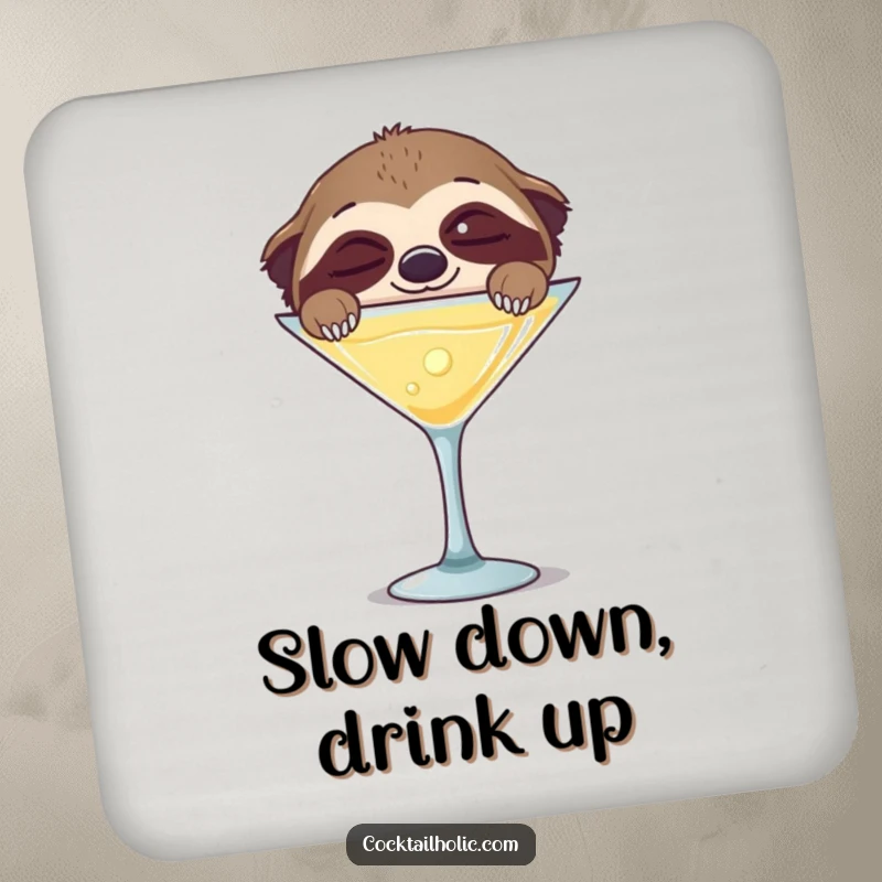 Funny drink coasters showing a sleepy sloth peeking over a giant martini glass, bringing relaxed charm.