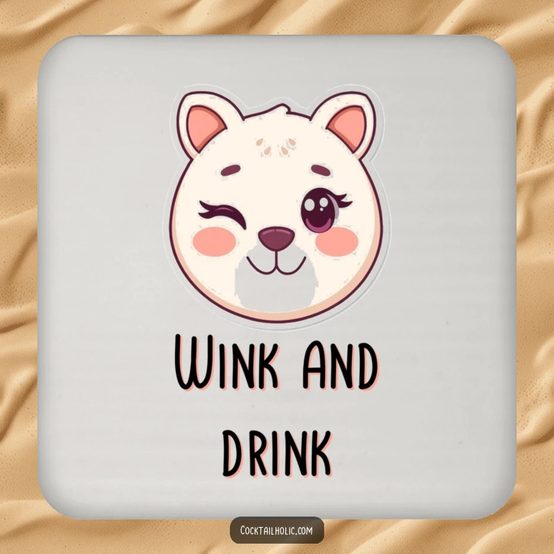 Funny drink coaster with a round, smiling animal face winking playfully, adding humorous protection to tabletops.