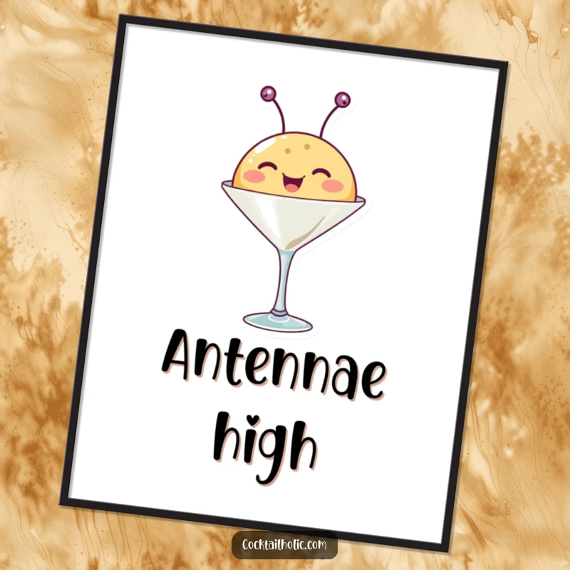 Funny poster showing a happy, round creature with antennae wiggling from a martini glass, perfect for festive decor.