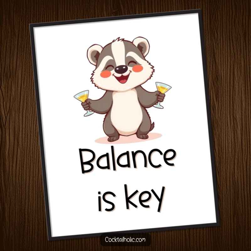 Funny badger juggling poster featuring a happy badger character juggling three small cocktail glasses, perfect wall art for entertainment spaces.