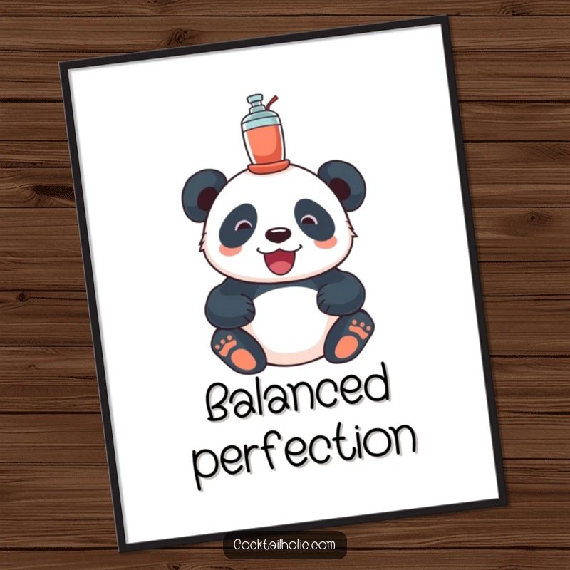 Funny panda poster, depicting a blissful panda balancing a miniature cocktail shaker precisely on its head.