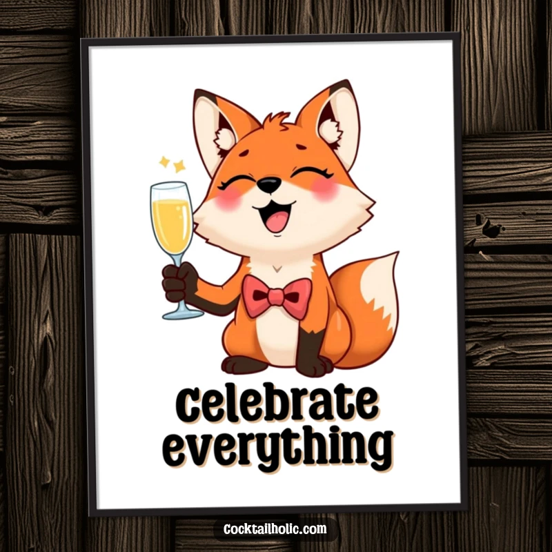 Funny Giggling Fox Poster: A dapper fox in a bow tie giggles, raising a tiny champagne flute, bringing celebratory humor to wall art.