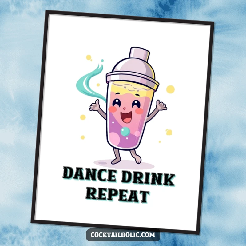 Funny playful cocktail shaker with a smiling face, dancing with swirling liquid inside, presented as a humorous art print.