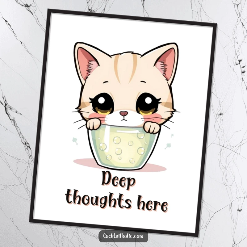 Funny cat poster, showing a cat with wide, fascinated eyes, peering deeply into a glass of bubbling, exciting drink.