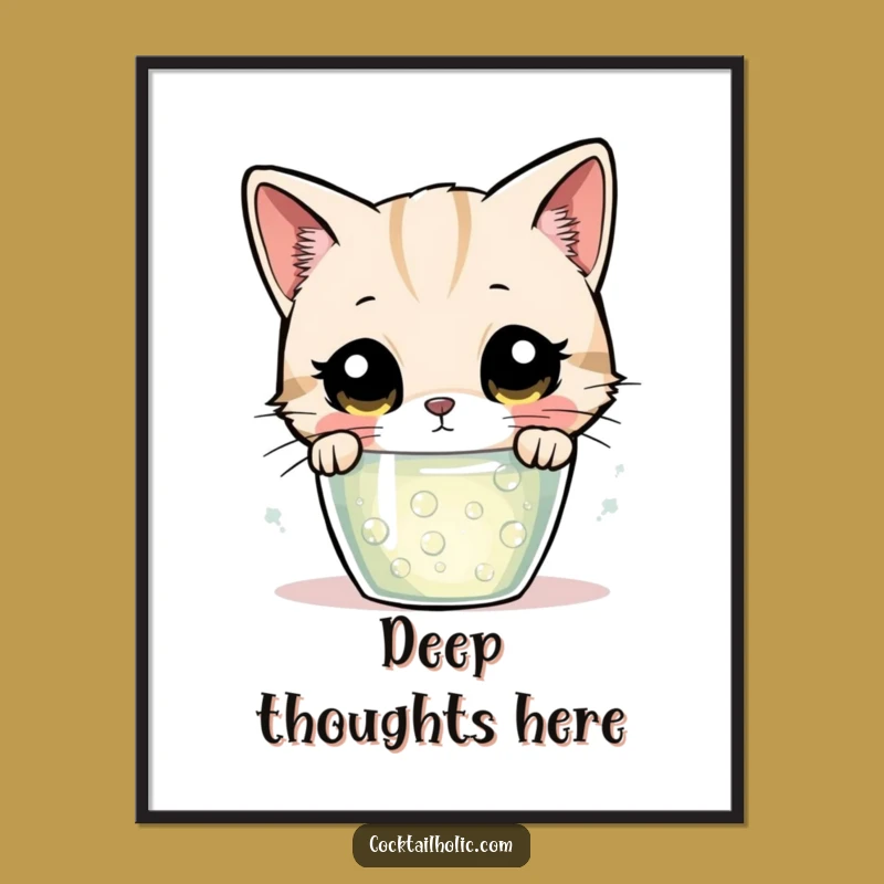 Funny Curious Cat Bubbling Drink Poster - Intriguing Wall Art