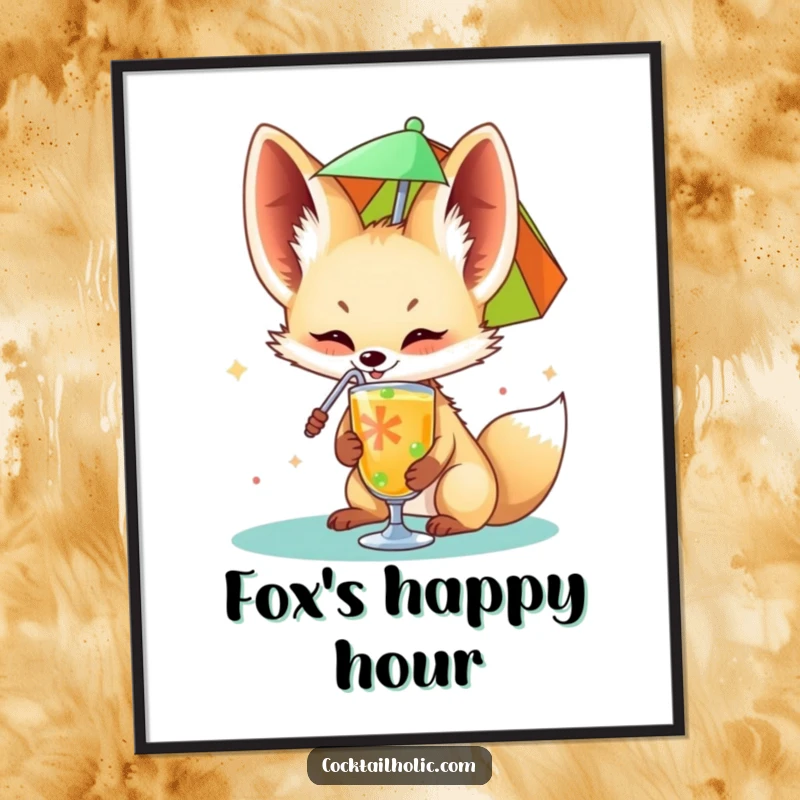 Funny fennec fox poster art happily sipping from a colorful drink umbrella, humorous wall decor for a tropical feel.