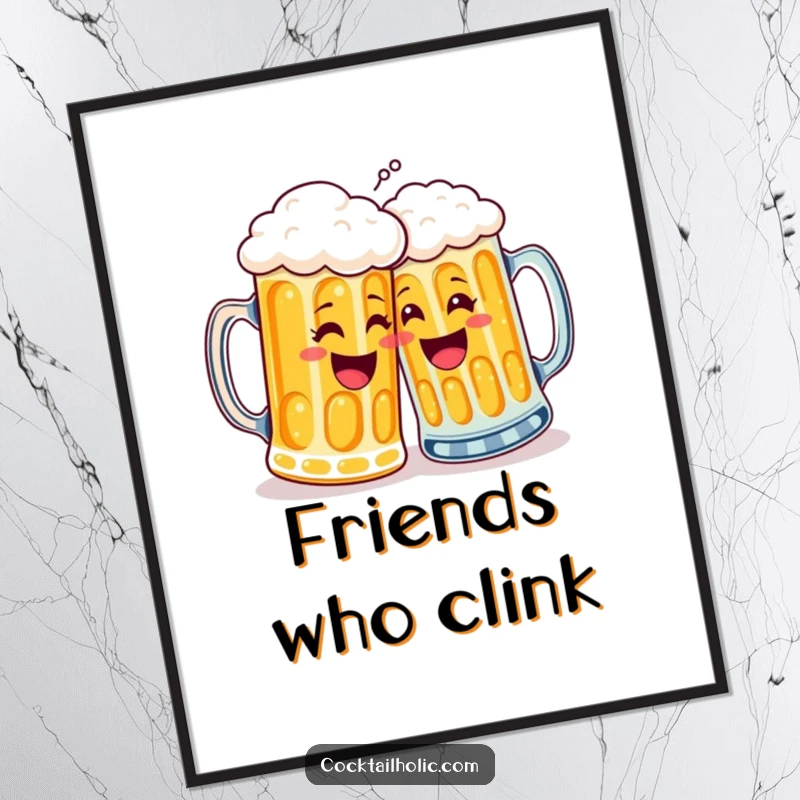 Funny poster showing two frothy beer mugs enthusiastically high-fiving, radiating happiness and camaraderie, a perfect wall art.