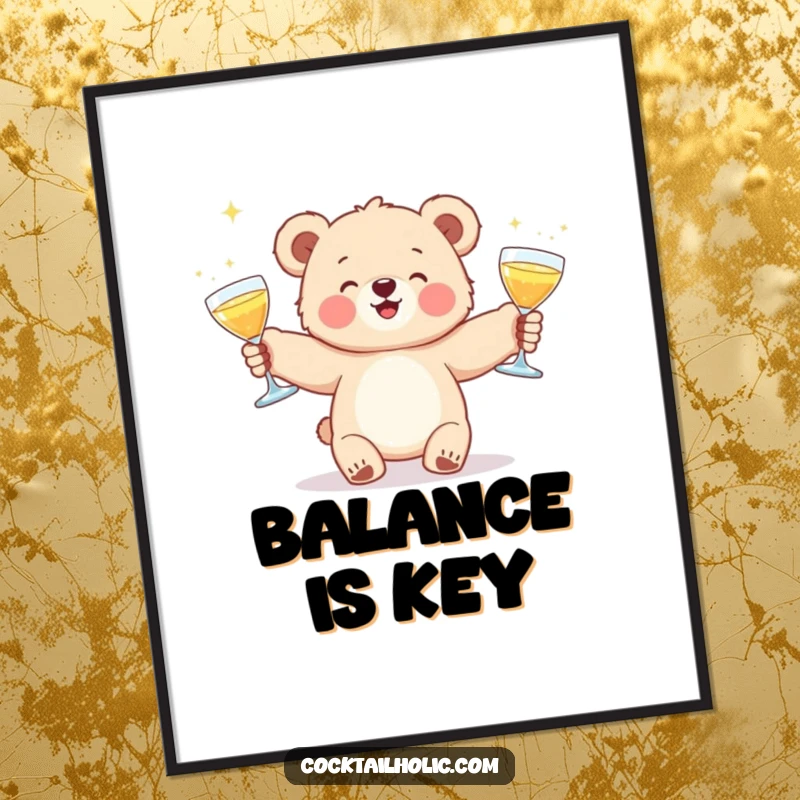 Funny poster print of a cheerful bear cub juggling three luminous cocktail glasses, adding a humorous touch to any wall.