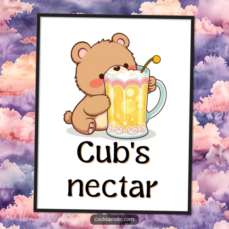 Funny Poster illustrating a giggling bear cub trying to take a sip from a large, ornate cocktail mug, capturing a moment of pure joy.