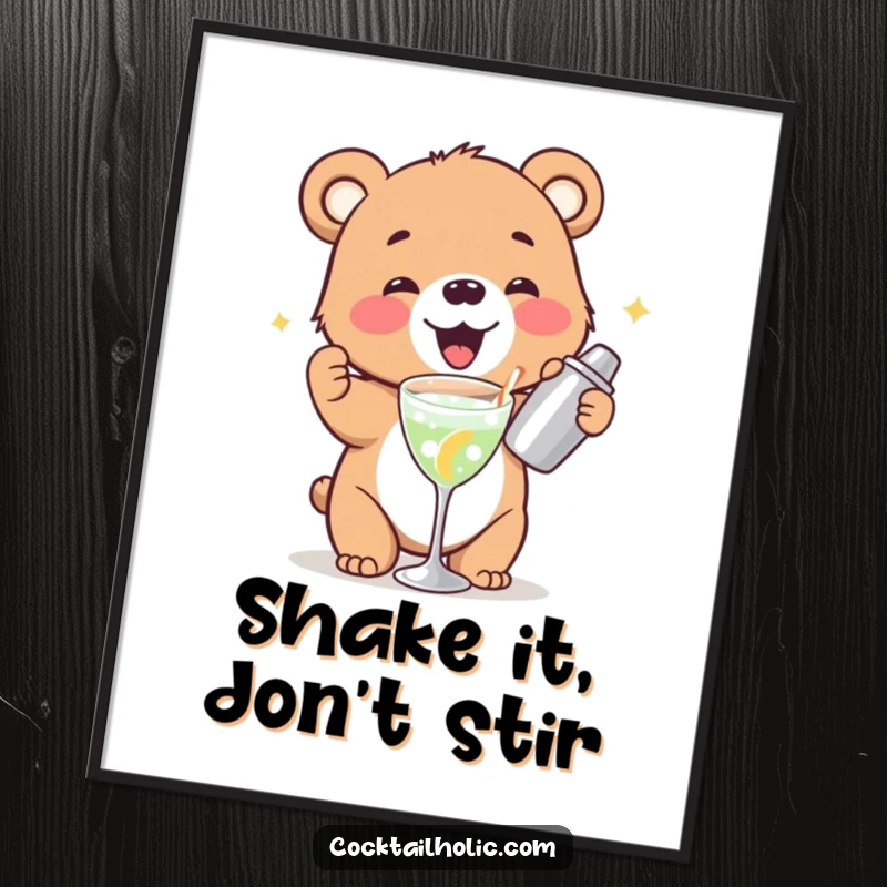 Funny bear cub poster art gleefully shaking a cocktail shaker, a humorous wall decor piece for any room.
