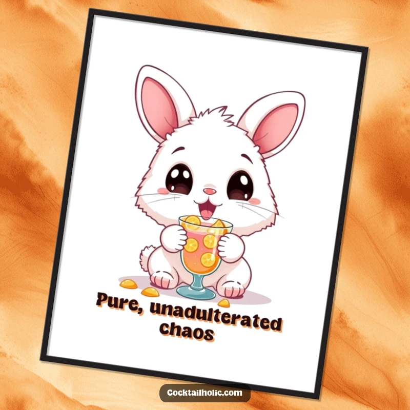 Funny poster art of a fluffy bunny with big eyes spilling a cocktail with delight, perfect for a humorous space.