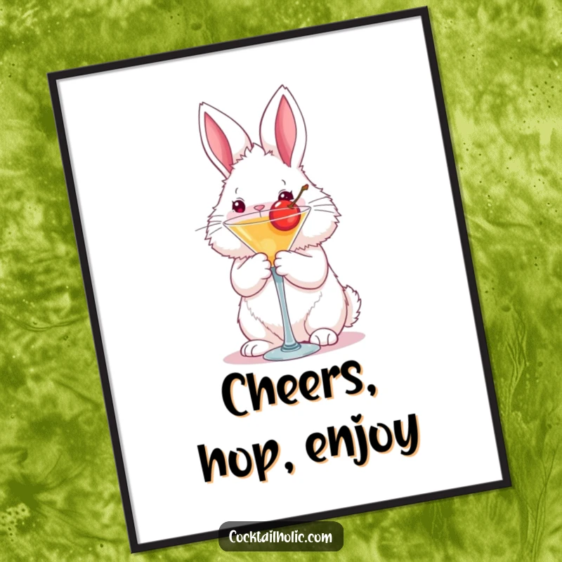 Funny fluffy bunny poster art holding a martini glass with a cherry, humorous wall decor for any room.