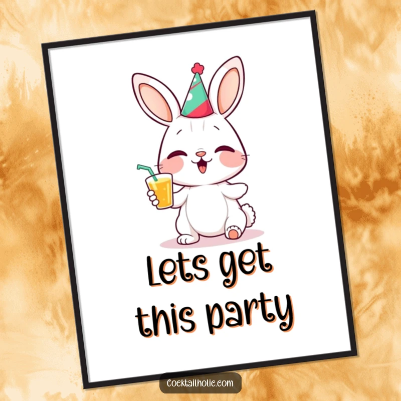 Funny bunny party poster featuring a giggling bunny character wearing a small party hat and holding a drink, perfect wall art.