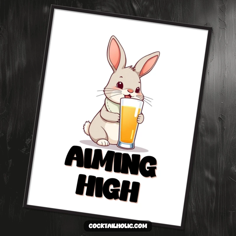 Funny bunny rabbit wearing a bib, reaching for a ridiculously tall drink, presented as a poster.