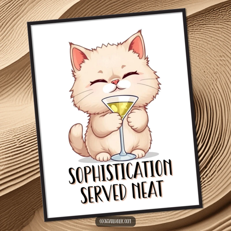 Funny Cat Martini Poster: A charming cat winks while holding a tiny martini glass, bringing playful sophistication and humor to wall art.
