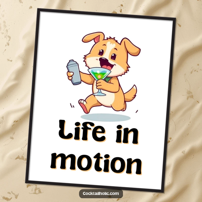 Funny dog poster depicting an energetic character playfully chasing a cocktail shaker, adding vibrant humor to wall decor.