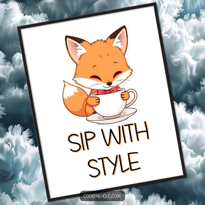 Funny poster art of a playful fox wearing a bow tie and sipping tea, perfect for whimsical decor.