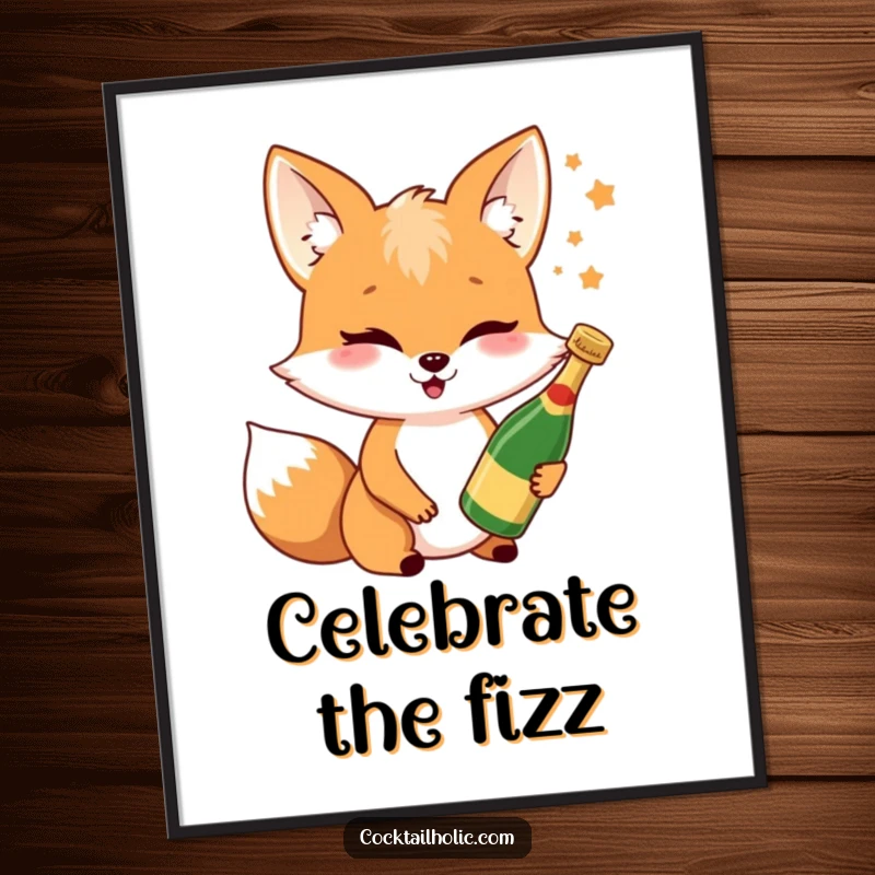 Funny fox Champagne poster featuring a winking fox character holding a miniature bottle, adding a festive touch to any wall.
