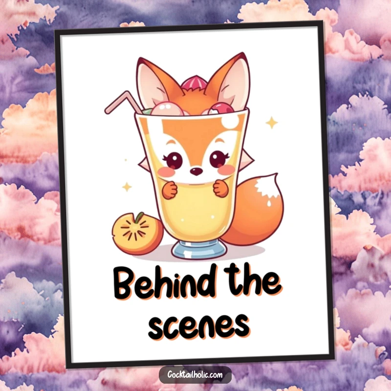 Funny fox poster depicting a shy character peeking behind a giant cocktail, adding subtle humor to wall decor.