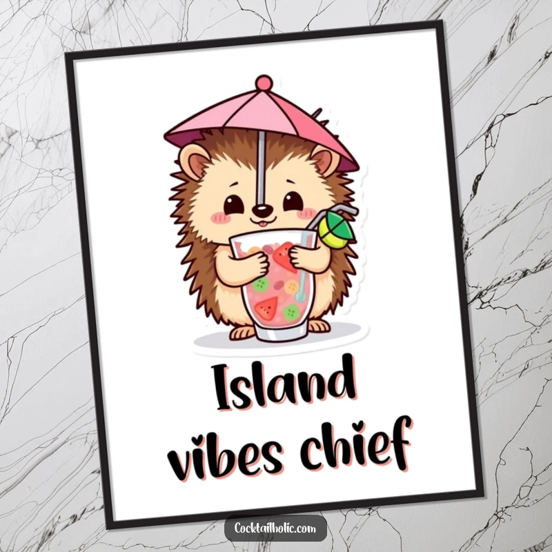 Funny Poster illustrating a happy hedgehog carefully balancing a tiny umbrella inside a vibrant, fruity cocktail, radiating pure bliss.