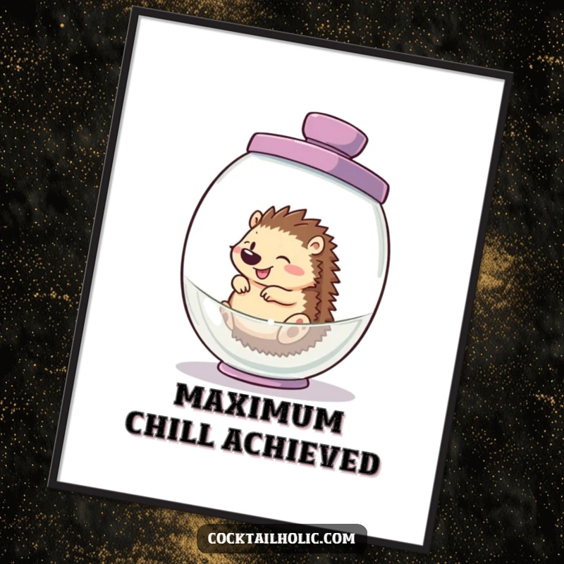 Funny hedgehog poster, cheerfully spinning inside a large cocktail shaker, a vibrant and humorous piece of wall decor.