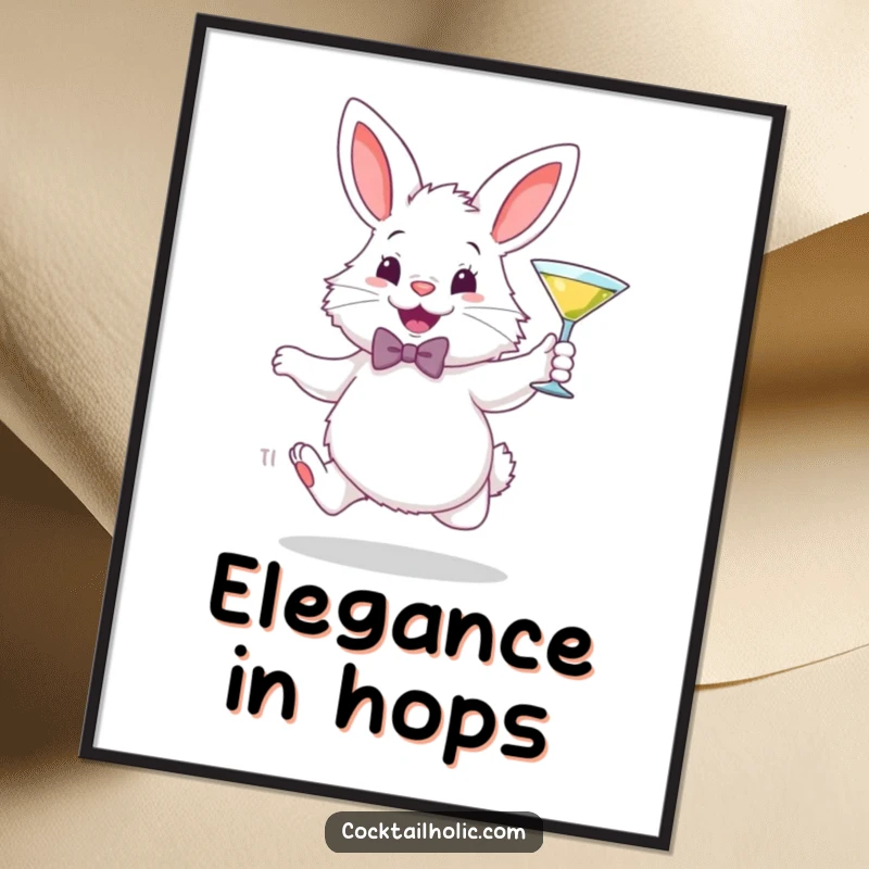 Funny poster of a fluffy white bunny in a bowtie, gleefully hopping with a miniature martini glass, adding sophisticated cheer to walls.