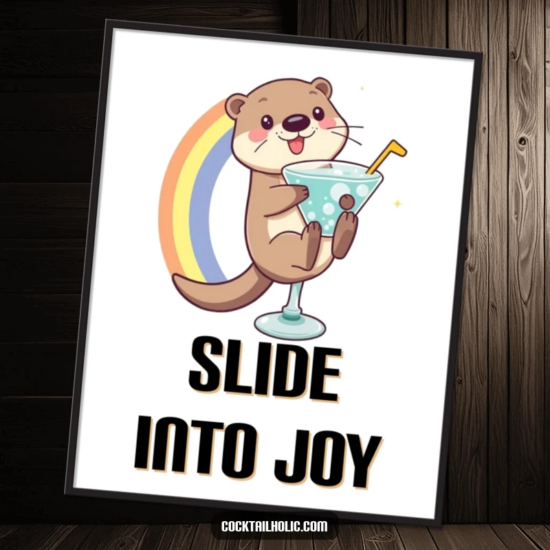 Funny otter sliding down a vibrant rainbow into a fizzy cocktail glass, whimsical art print for home decor.