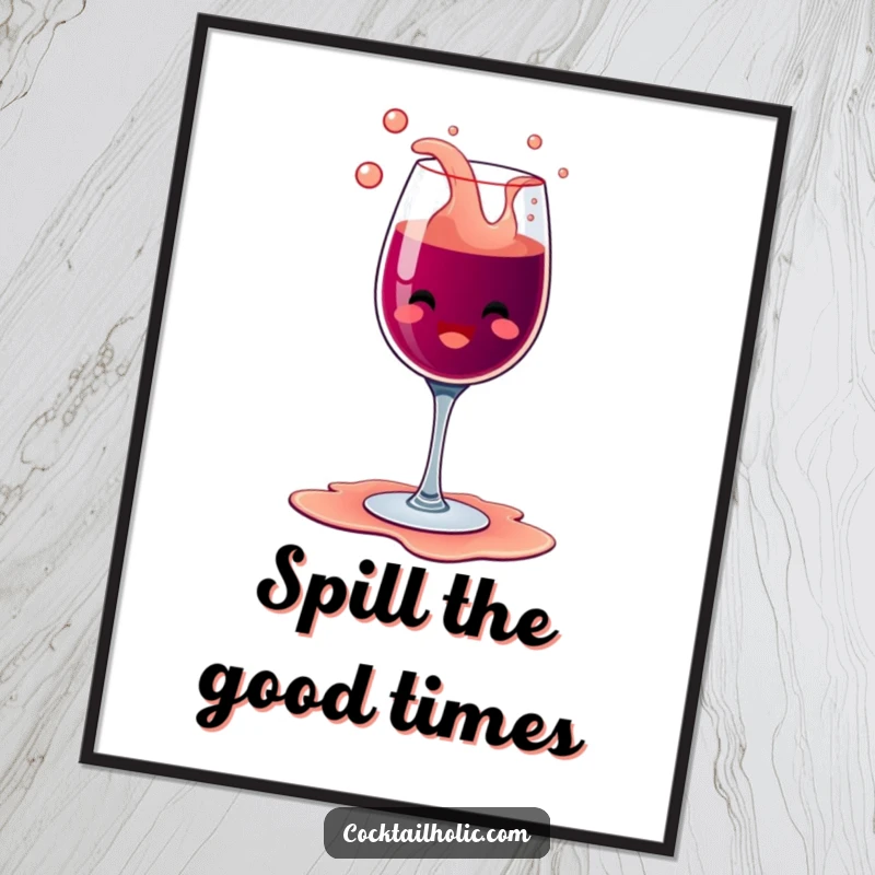Funny happy wine glass character with bubbly overflow, spilling its contents with glee, presented as a humorous art print.